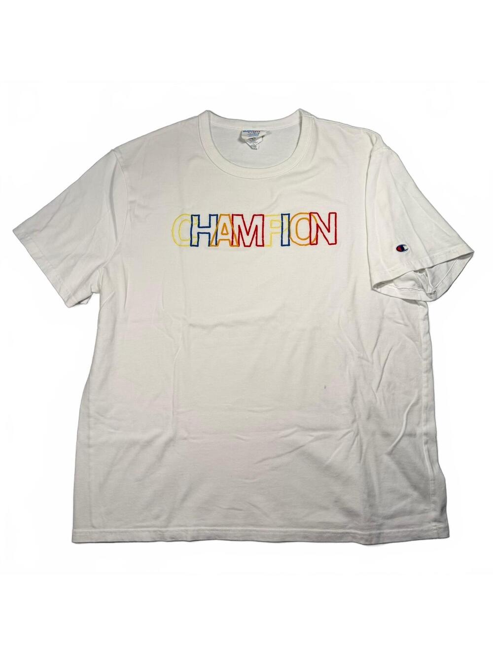 Champion Heritage T-Shirt Men's XL White Embroidered Multicolor Spellout Logo